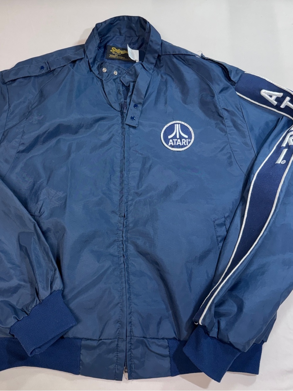 Vintage Atari Promo Jacket Mens L Blue Nylon Swingster Retro Gaming Bomber